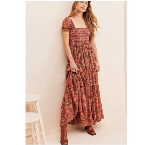 FREE PEOPLE Red Floral Getaway Maxi Dress Smocked Tiered Boho Peasant XS - Picture 2 of 9